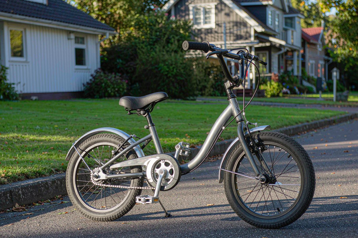 RoyalBaby EZ 18-inch silver kids bike on a suburban sidewalk