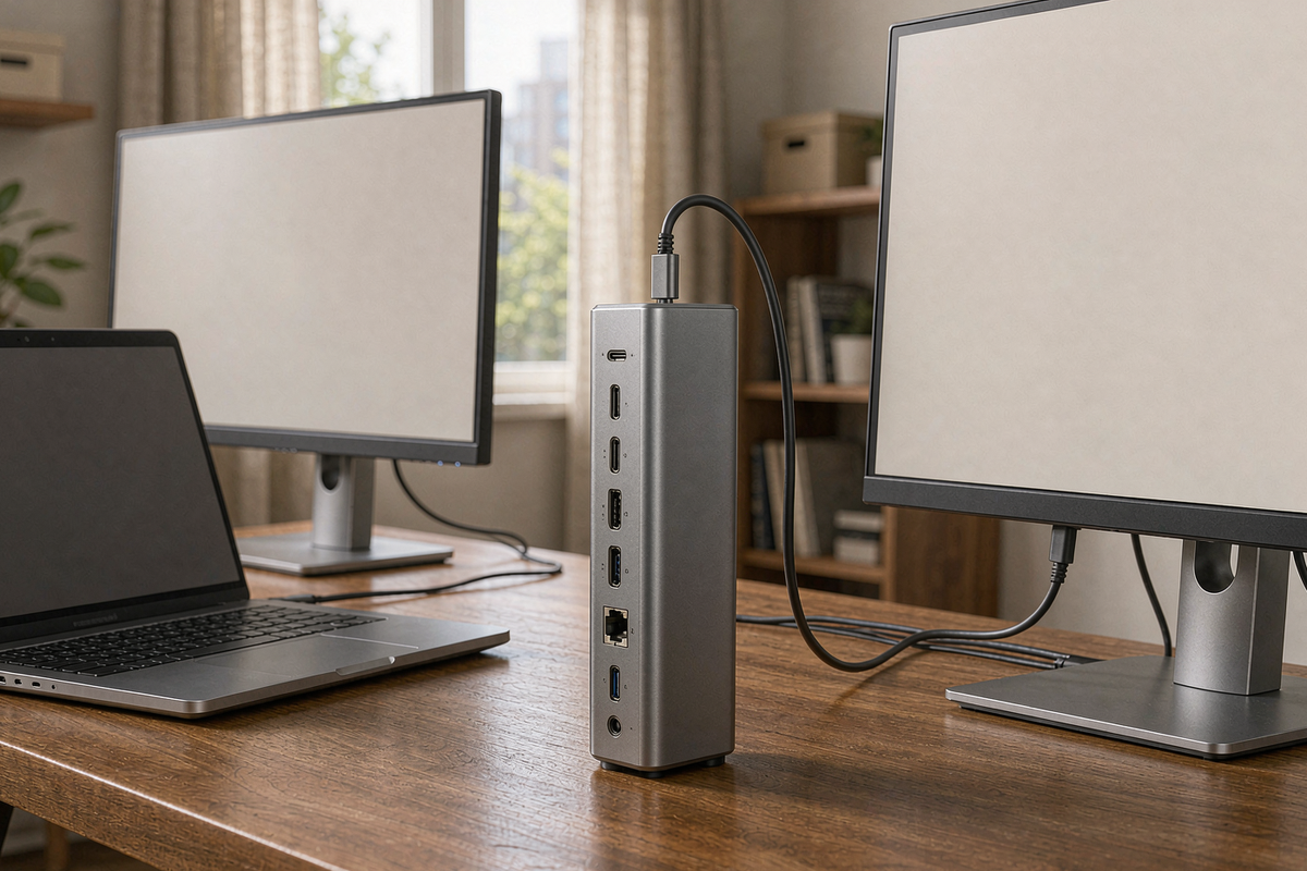 WAVLINK USB-C docking station on a desk between a laptop and two 4K monitors