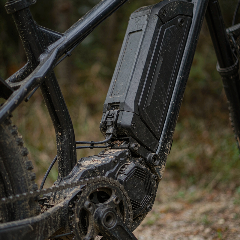 Close-up of the ESKUTE mid-drive motor and removable battery pack after two weeks of off-road riding