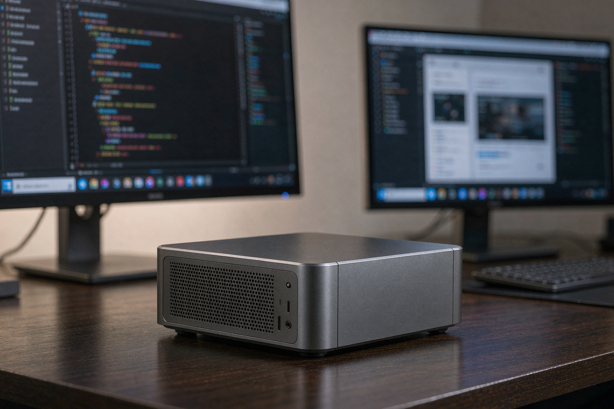 ACEMAGIC M1A PRO+ grey mini workstation on a desk between two monitors