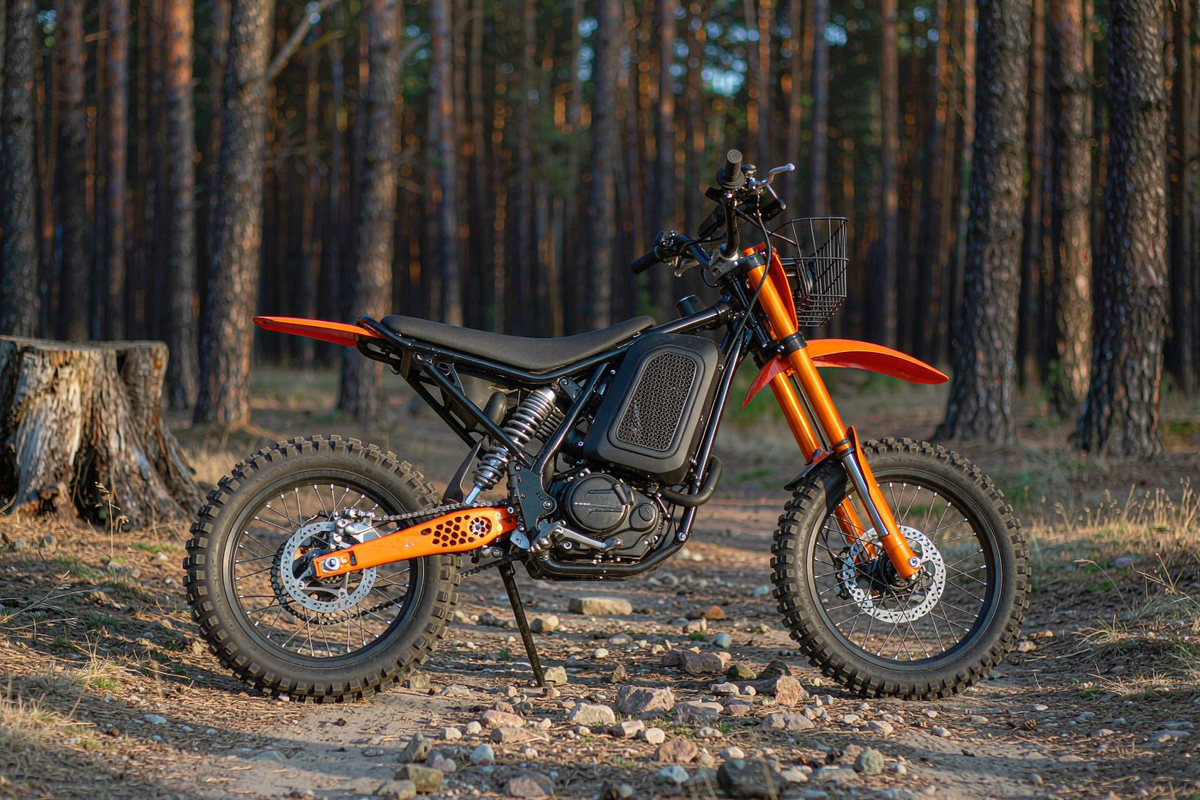 ESKUTE electric dirt bike parked on a dry dirt trail at the edge of a pine forest