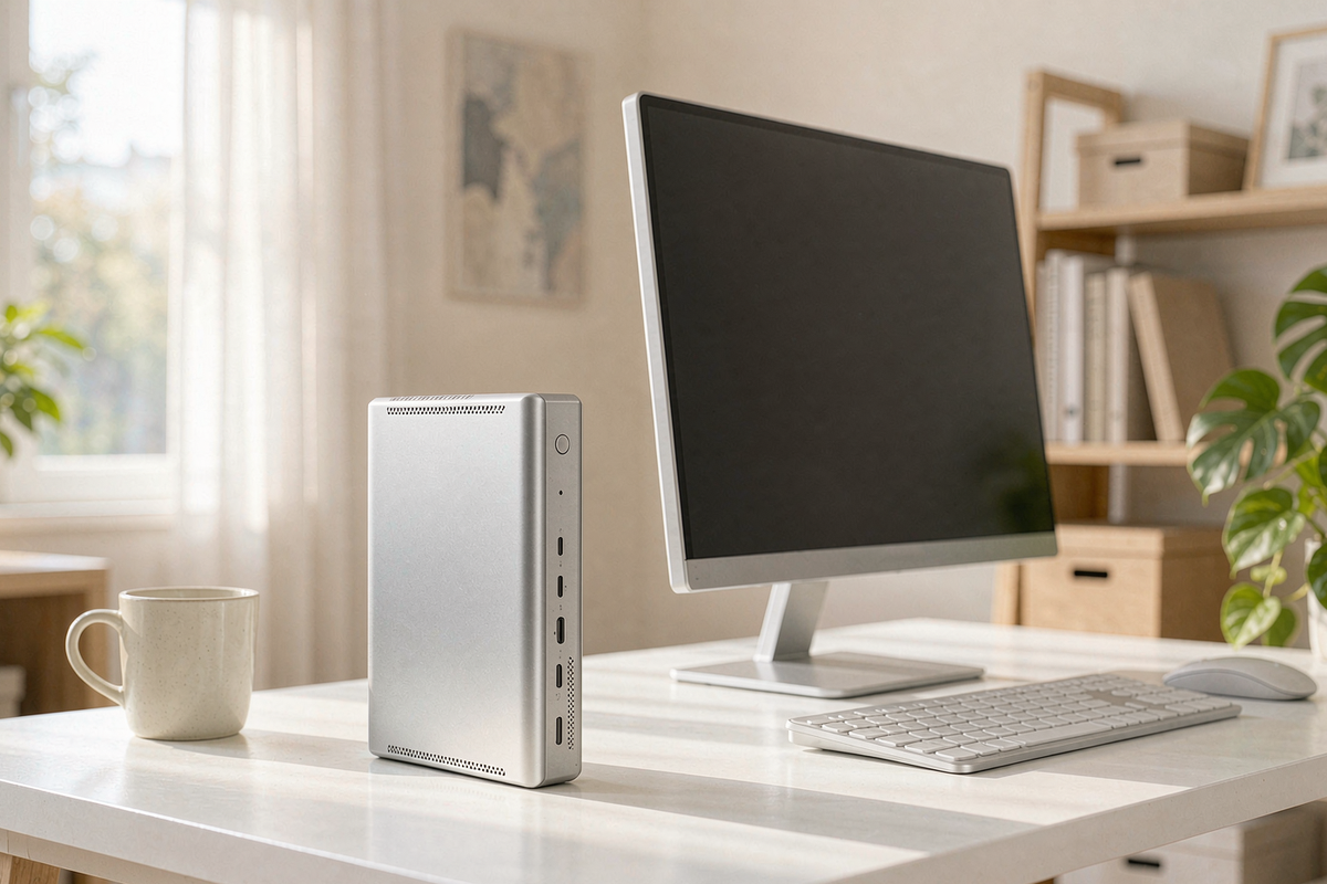 ACEMAGIC FOCUX silver mini PC standing beside a monitor on a white desk