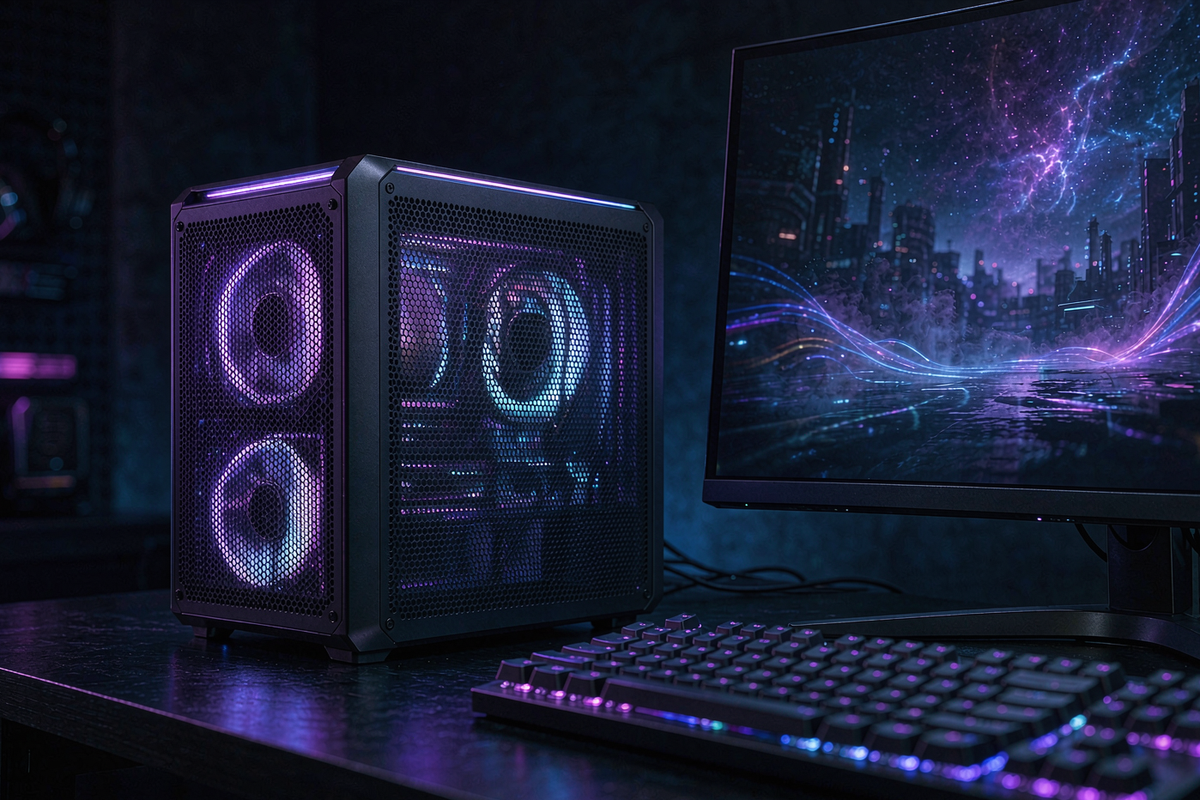 GMKtec K12 gaming mini PC with RGB lighting beside a curved monitor