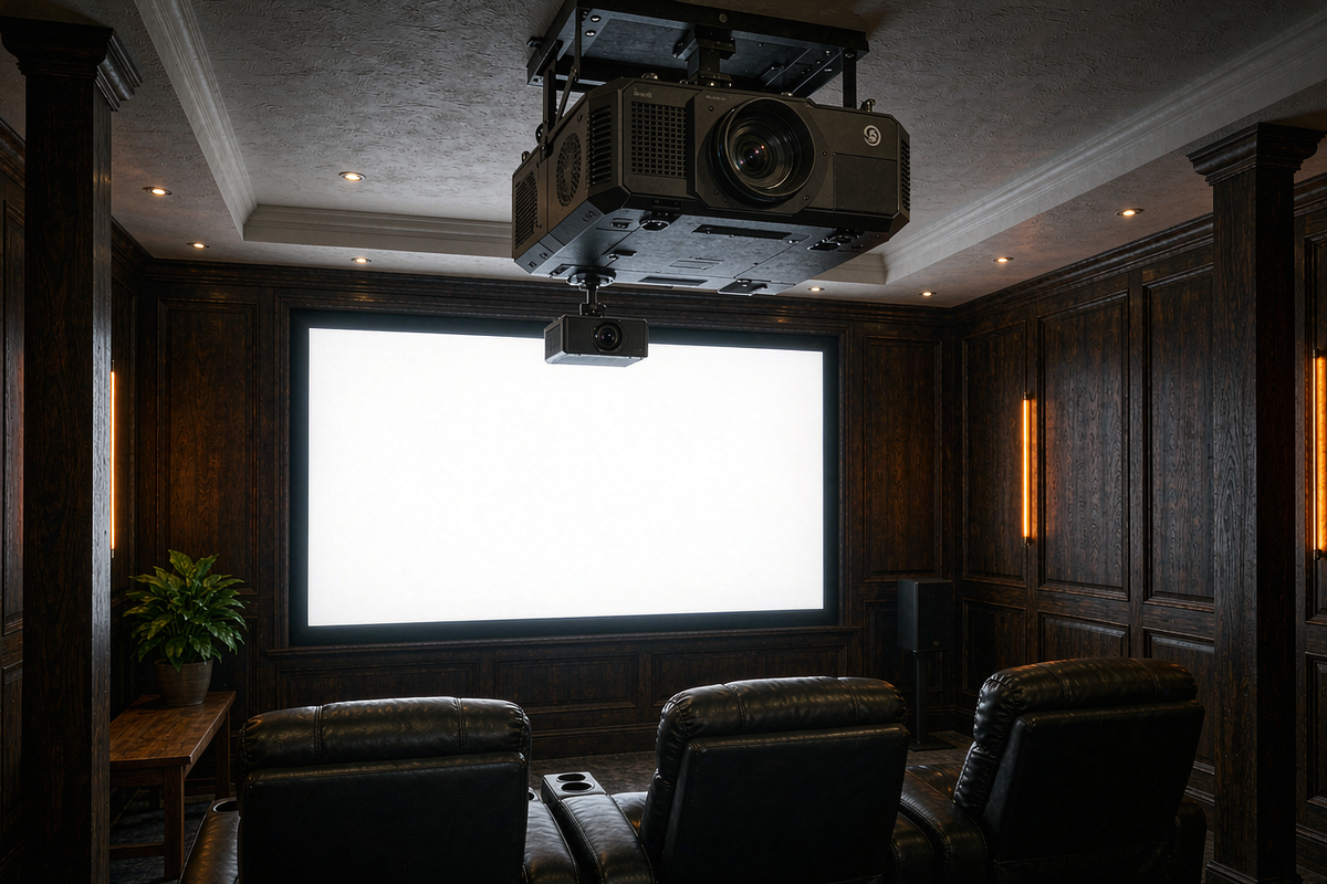 AWOL Valerion VisionMaster Max laser projector ceiling mounted in a dark home theater