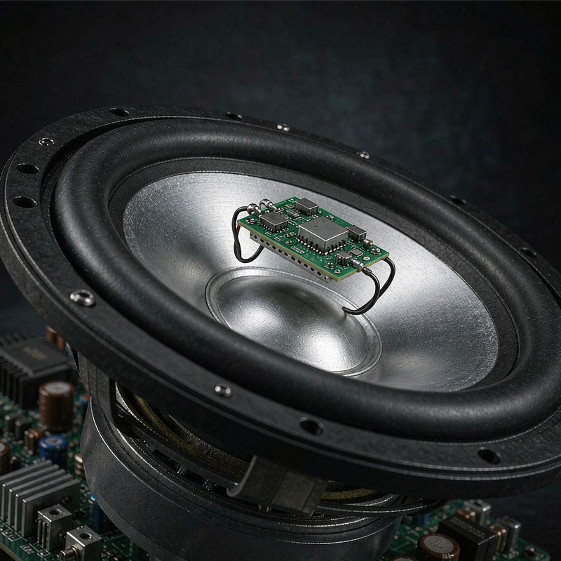 Close-up of the ThunderBeat subwoofer driver and wireless module