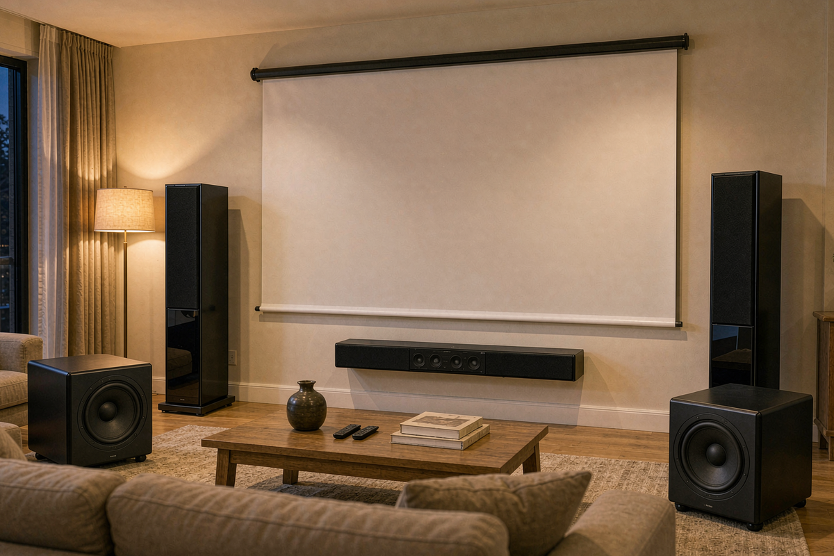 AWOL ThunderBeat wireless surround speakers and subwoofers in a living room