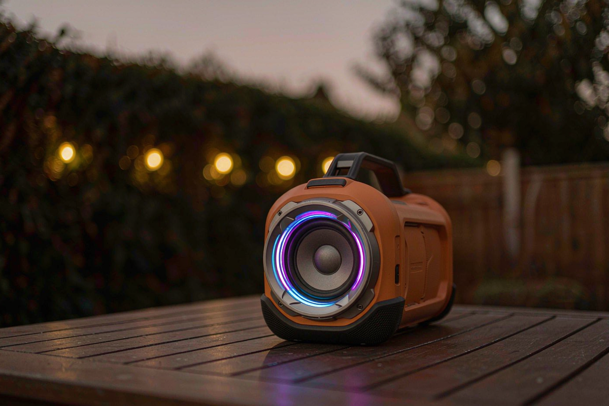 VUOPAX B46Pro orange portable party speaker on a patio table at dusk