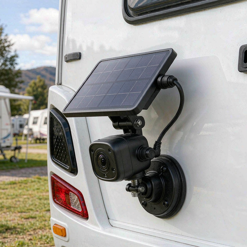 Solar powered wireless backup camera mounted on a travel trailer