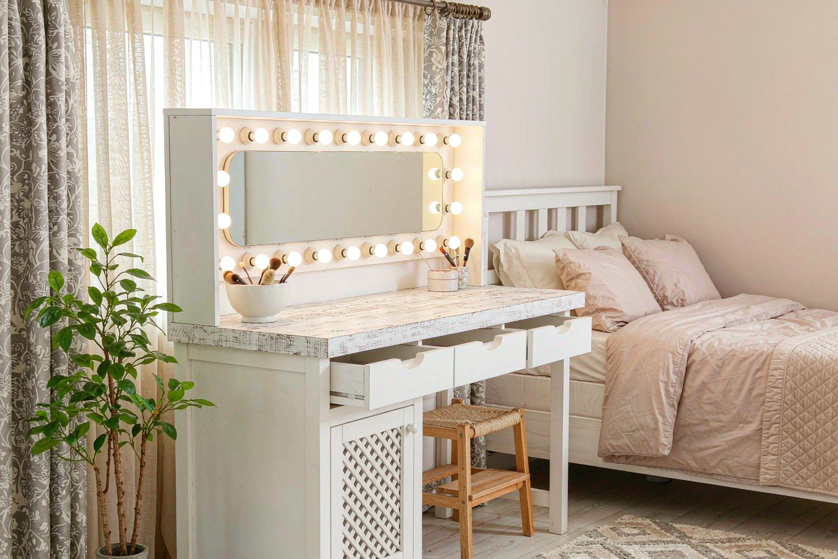 HNEBC white farmhouse makeup vanity with sliding lighted mirror