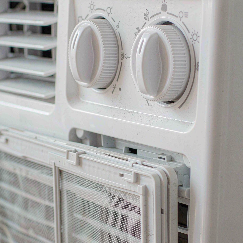 Close-up of the Garvee window air conditioner mechanical control knobs