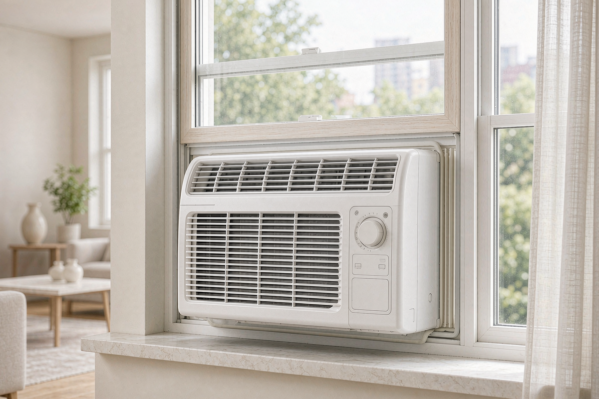 Garvee 10,000 BTU window air conditioner installed in a bright bedroom window