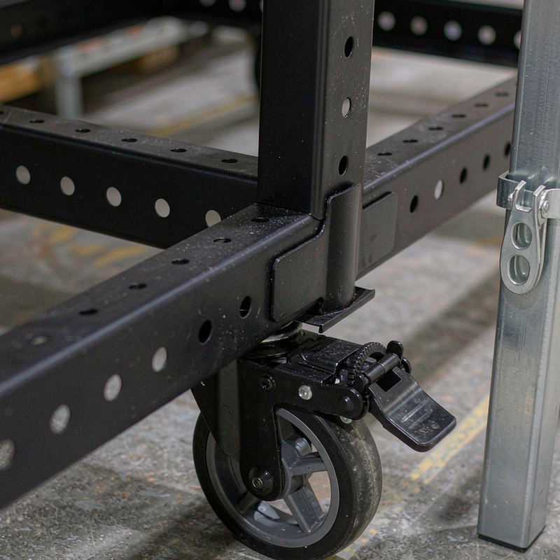 Close-up of a locking caster and split sleeve on the Garvee shelving unit