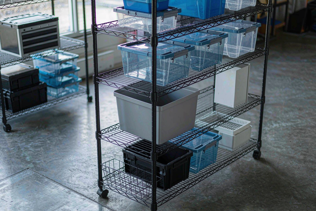 Garvee five-tier steel wire shelving unit on casters in a garage