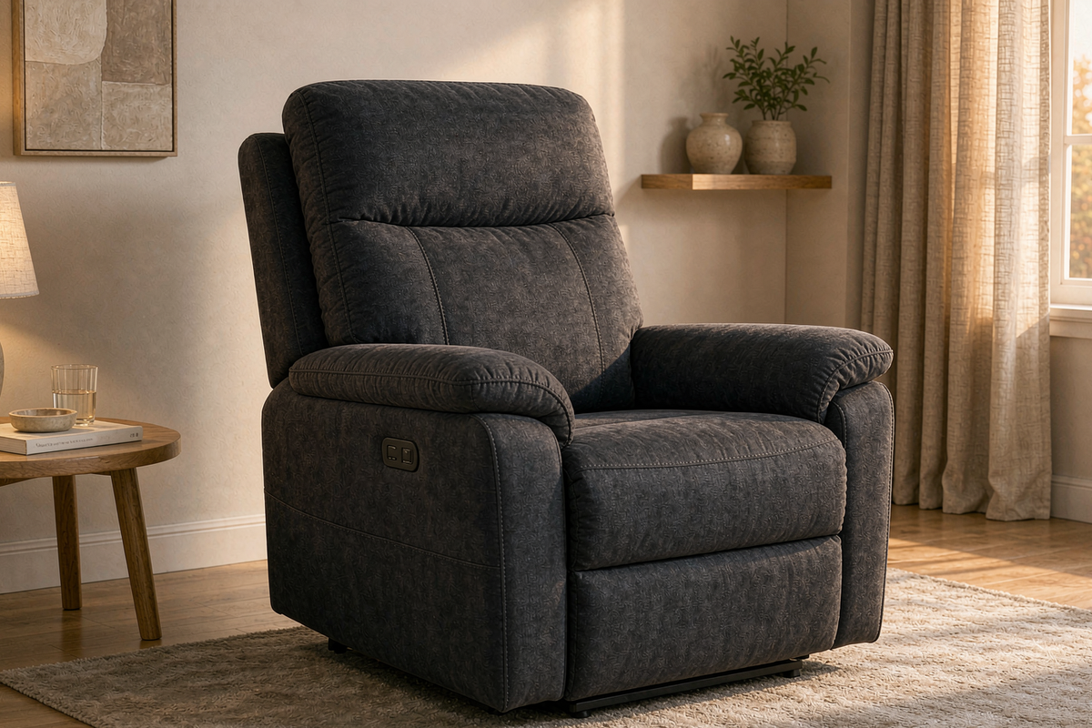 Korser dark grey fabric power recliner in a living room