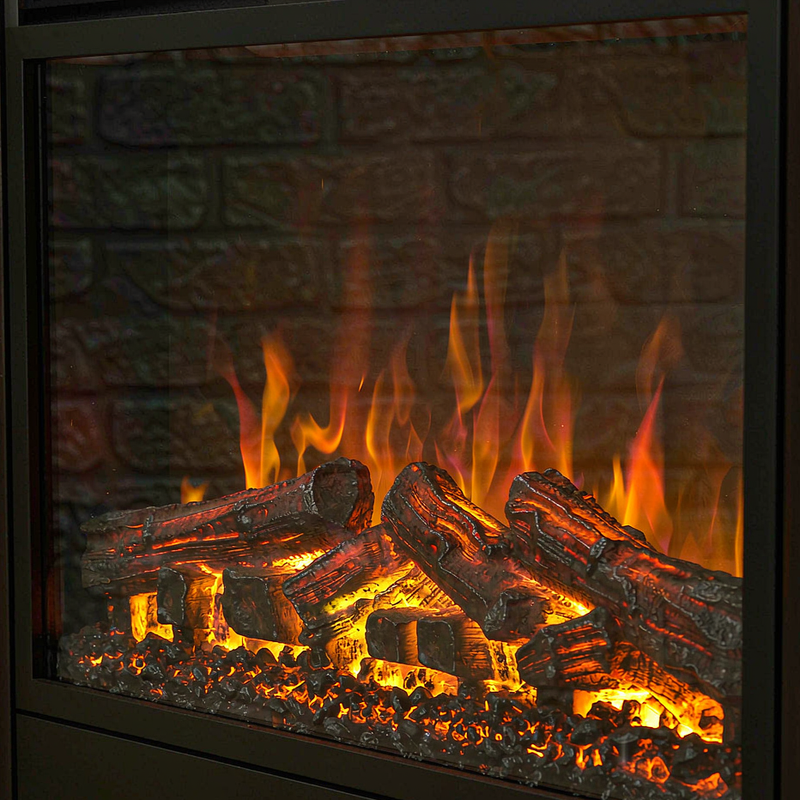 Close-up of the R.W.FLAME electric fireplace flame effect and log set