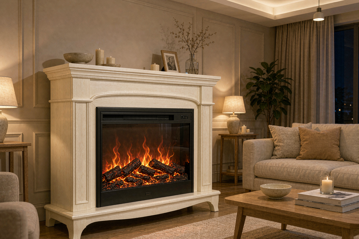 R.W.FLAME 43-inch cream electric fireplace mantel in a living room