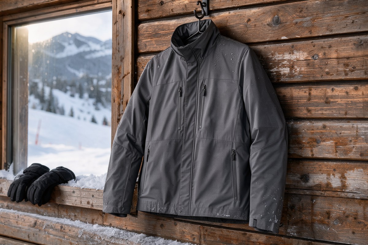 A charcoal TACVASEN waterproof ski jacket hanging on a hook at a wooden ski lodge with a snowy slope behind
