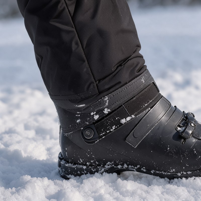 The reinforced scuff guard and snap boot gaiter at the cuff of the TACVASEN ski pants.