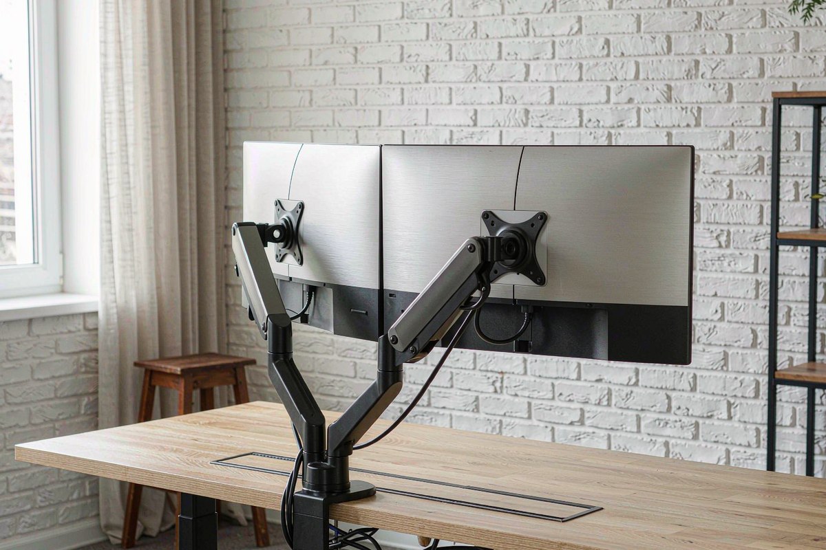 A black ARES WING dual gas-spring monitor arm clamped to a wooden desk holding two 27-inch displays
