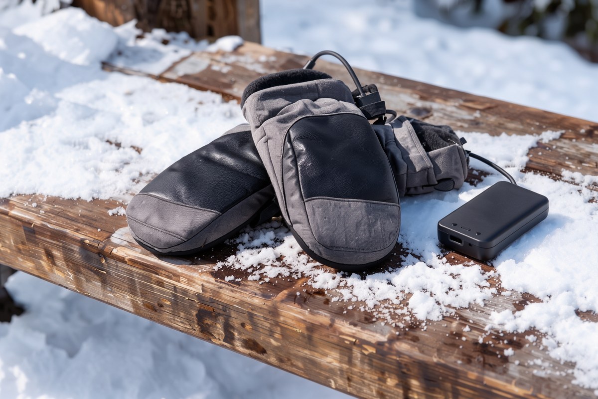 A pair of black SAVIOR HEAT heated ski mittens with leather palms resting on a snowy bench beside a battery pack