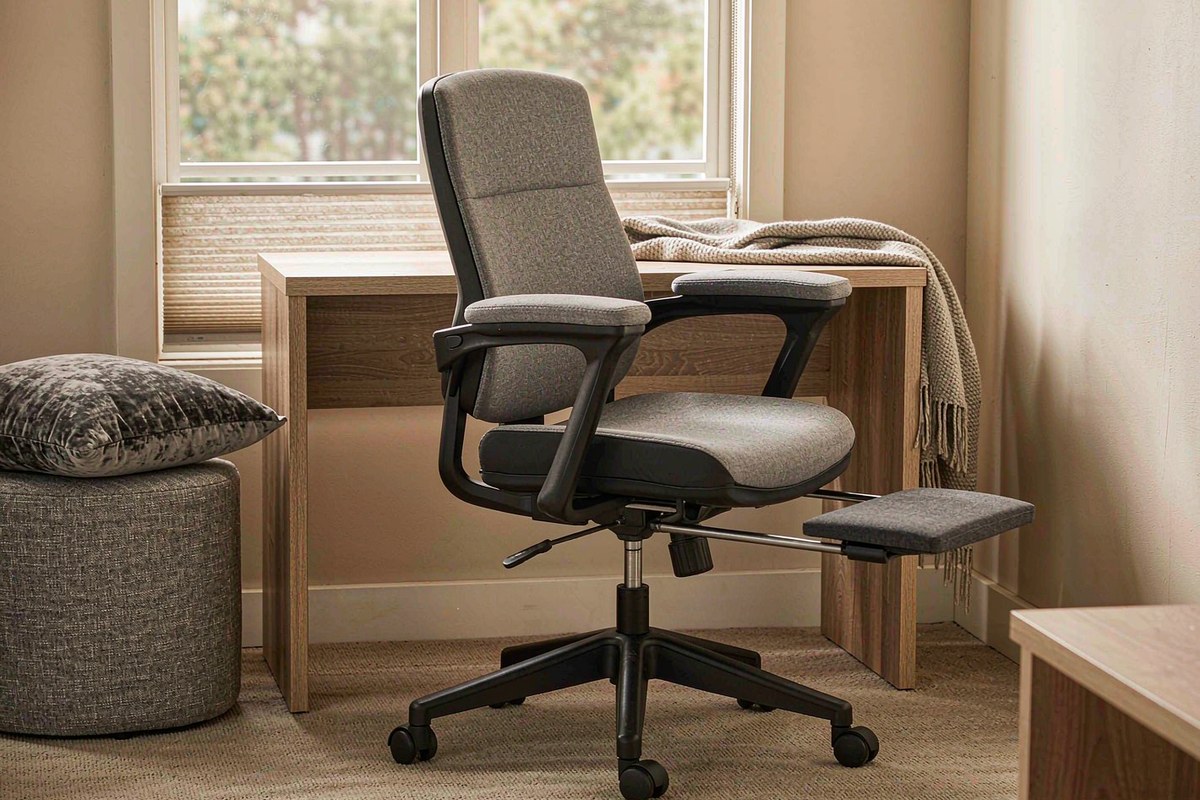 A wide-seat grey fabric office chair with an extended footrest beside a light wood desk near a window