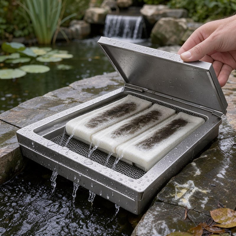 The stainless filter tray inside the POPOSOAP solar pond waterfall spillway.