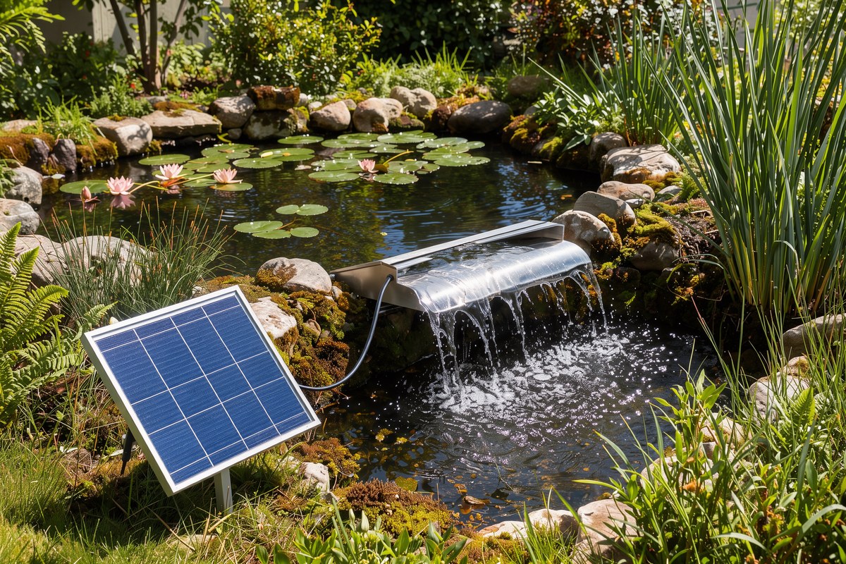 A stainless steel solar pond waterfall spillway running on a garden pond with a small solar panel on a stake in front