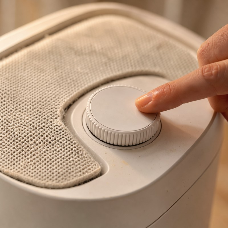 The top control dial and mesh outlet on the Momcozy nursery air purifier.