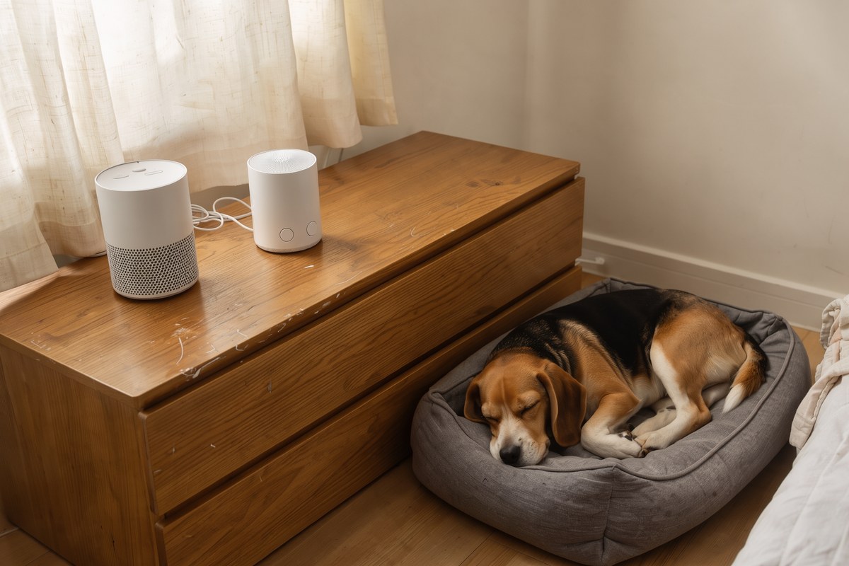 A small white air purifier and matching sound machine on a wooden dresser with a sleeping beagle on a dog bed nearby