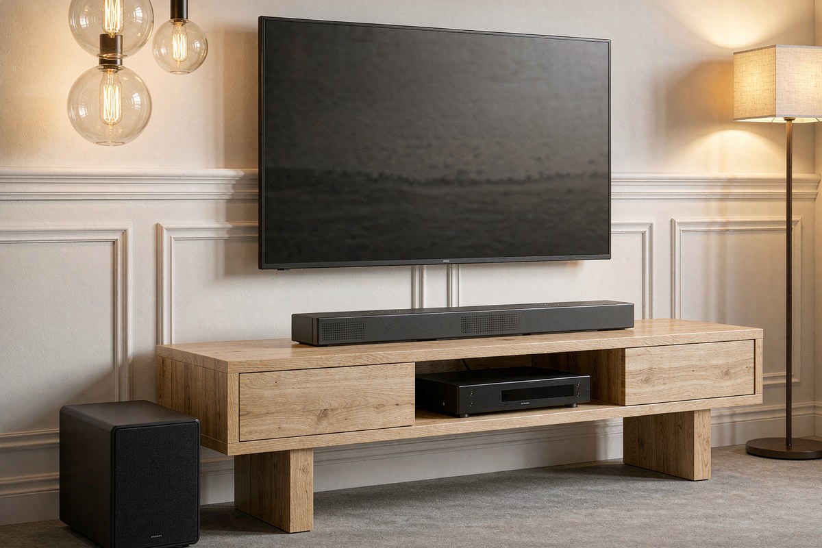 A slim black SunTrok soundbar on a wooden TV console with a black subwoofer on the floor