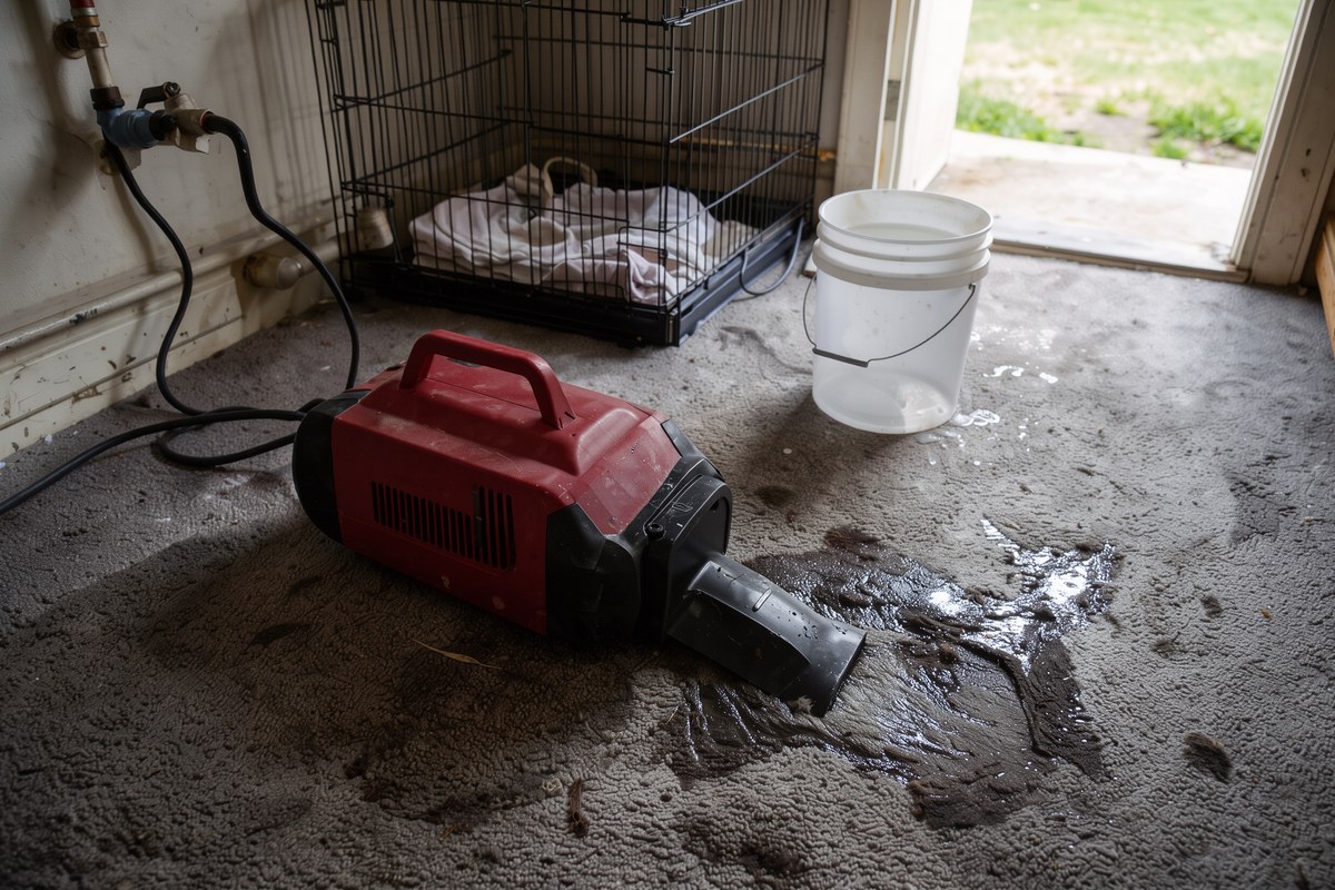 A red and black portable air mover blower angled at a damp carpet in a utility room with a dog crate behind it