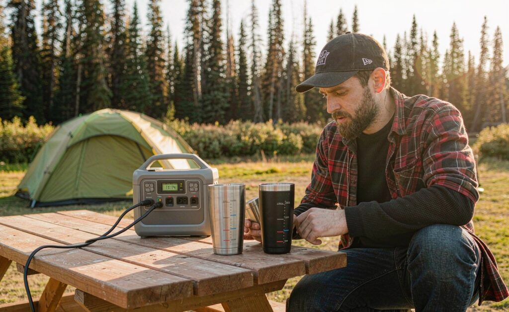 Field testing insulated tumblers and portable power stations at a campsite in the Oregon Cascades